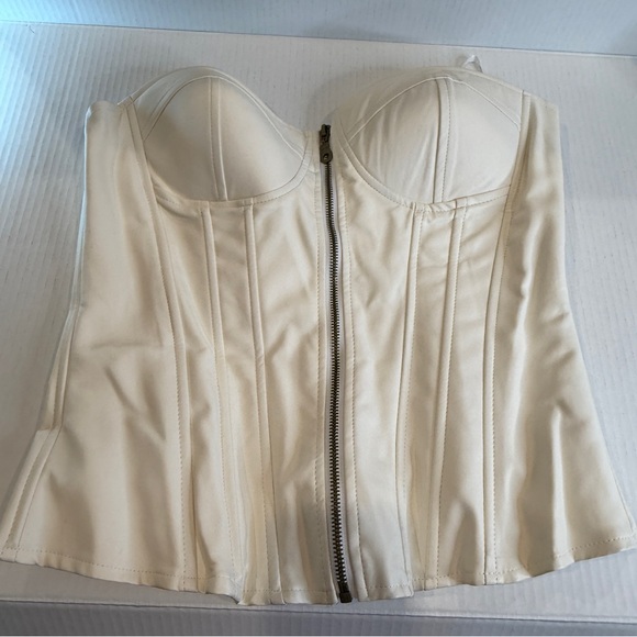 GUESS Cream Faux Leather Corset Bustier Top Zip-Up Size Large New - Picture 1 of 16